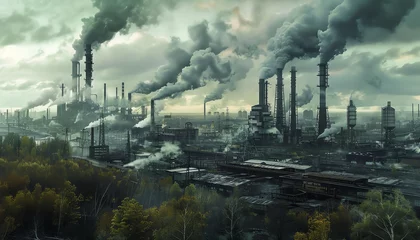 Gordijnen Craft a scene of industrial decay with abandoned factories against a polluted sky Incorporate a digital manipulation to showcase a decaying forest creeping into the urban landscape, shot from a distor © Narongsak