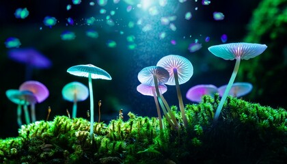 Prompt: Biologically bioluminescent polka-dotted mushrooms sprout iridescent wings and take flight from a mossy moonlit forest floor.