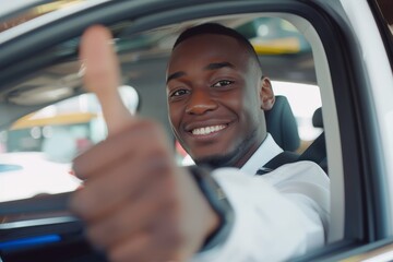 Happy young African American man sitting in new car at dealership giving thumbs up and looking back at passenger in rear seat