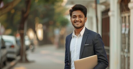 Happy young Indian man in formal attire with laptop and coffee smiling at camera walking on street Freelancer heading to park to work empty space