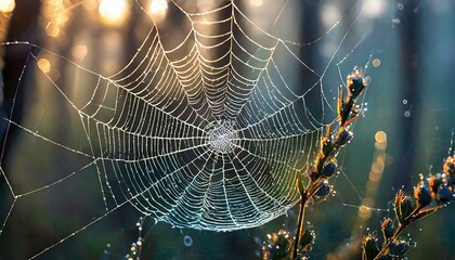 a spider web in early morning sunlight, light foggy background, water droplets on the web, mystic light
