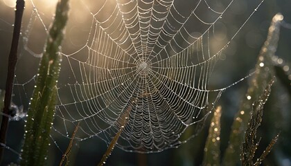 a spider web in early morning sunlight, light foggy background, water droplets on the web, mystic light