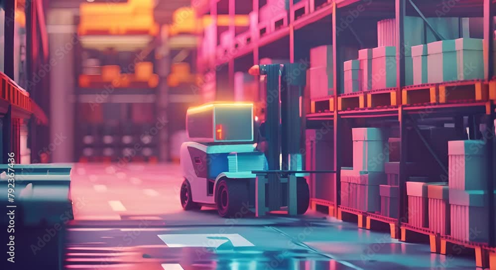 Wall mural depiction of a robotic forklift using machine learning to optimize the storage of diverse goods,