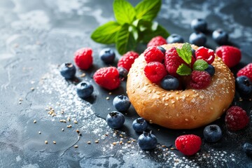 Healthy breakfast includes a tasty bagel with raspberries and blueberries