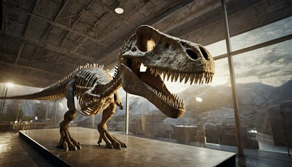 Dinosaur skeleton of a T-Rex on display in a natural history museum. Photorealistic,...