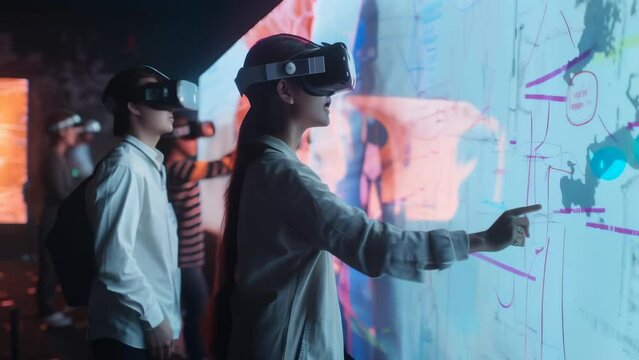 A man wearing a VR headset interacts with a virtual reality exhibit at a museum, surrounded by colorful holographic projections, providing an immersive and educational gaming experience.
