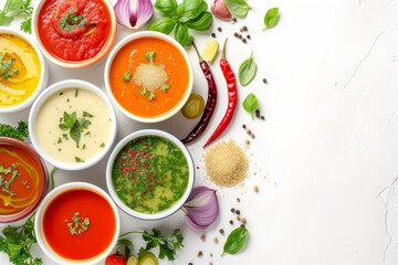 Healthy food flat lay with different soups ingredients and room for text on a white background