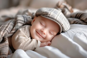 Healthy newborn sleeping peacefully in bed wearing a cap