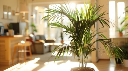 Fototapeta premium A lush green houseplant thriving in the warm sunlight of a cozy indoor setting.