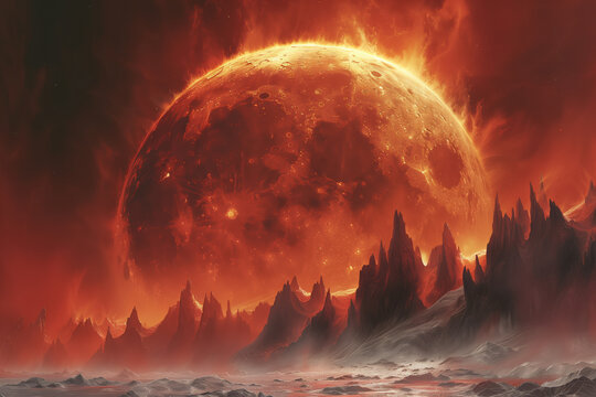 Alien landscape with red fiery moon or other satellite planet sci-fi futuristic illustration wallpaper background