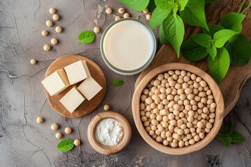 Healthy soy products soybeans soy milk and tofu View from above