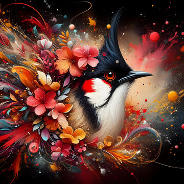 Beautiful flowers and red bulbul 
