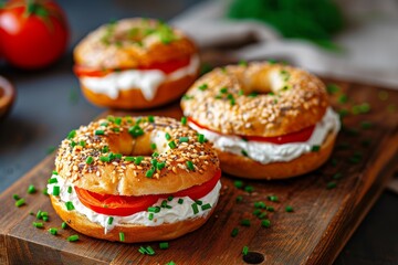 Healthy vegetarian snack of bagel sandwiches with cream cheese tomatoes and chives - obrazy, fototapety, plakaty