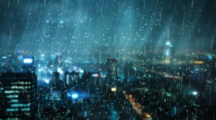 A city skyline blurred by a shower of shooting stars amidst a rainy night - obrazy, fototapety, plakaty