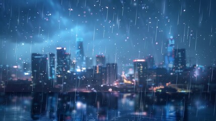 Fototapeta na wymiar A city skyline blurred by a shower of shooting stars amidst a rainy night