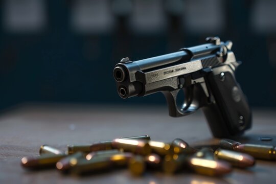 High quality photo of a 9mm pistol with a rifled gun barrel on a table