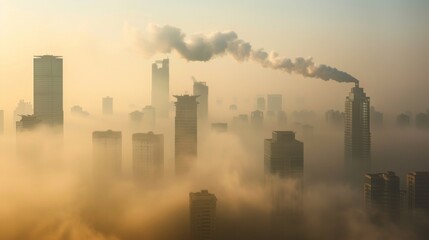 A city skyline obscured by thick smog, illustrating the consequences of carbon emissions and air pollution on urban environments.