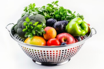 High resolution photo of a sieve colander fruit and vegetable bowl on a white background