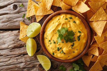 Homemade cheese dip with chips and lime
