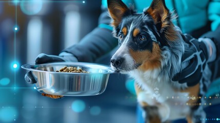 In a medium shot, a volunteers hands hold a bowl of food for a shelter dog, the act of kindness captured in a moment of shared gratitude - obrazy, fototapety, plakaty