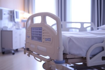 Hospital room with electrical adjustable patient bed and soft focus background