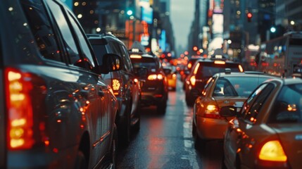 A close-up of a traffic jam on a busy city street, highlighting the frustration and impatience of commuters during peak hours. - obrazy, fototapety, plakaty