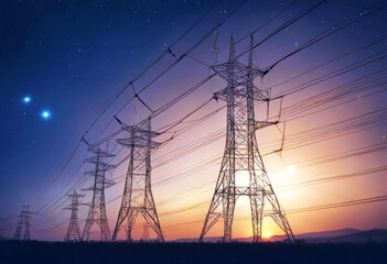 'concept infrastructure energy sky night starry wires glowing orange towers transmission electricity electric tower industry line wire glow power blue cable cost environment high pylon' - obrazy, fototapety, plakaty