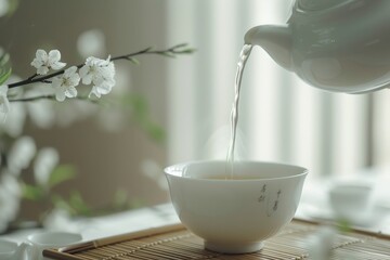 Hot jasmine tea being poured into a white tea cup symbolizing a tea ceremony