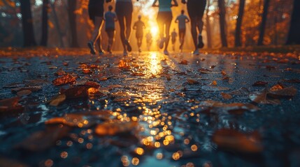 start up of runner group running on sunrise on road illustration