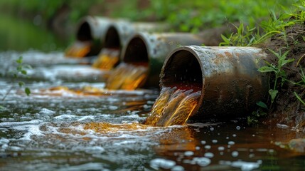 environmental damage concept industrial and factory wastewater discharge pipe into the canal and sea dirty water pollution sewage pipe outfall into the river the river is polluted,art illustration