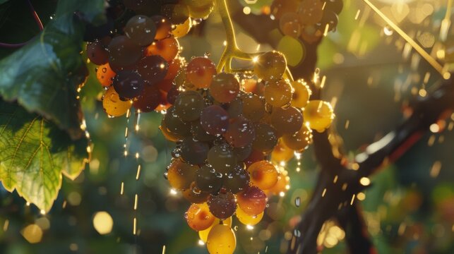 A cluster of rain-kissed grapes hanging from the vine, sparkling in the sunlight, promising a burst of flavor with every bite.