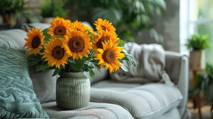 cozy grey sofas and vase with beautiful sunflowers in interior of light living room stock photo