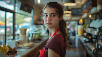 Closeup of a young woman with determined eyes a vibrant red apron tied around her waist as she stands behind the counter of her bustling café. . - obrazy, fototapety, plakaty
