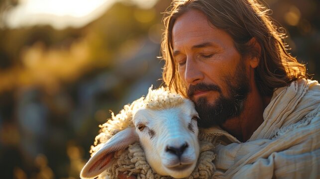 jesus recovered lost sheep carrying it in his arms biblical story conceptual theme religion faith conceptillustration image