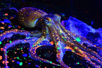 Vibrant neon-lit octopus under uv light