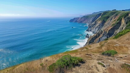 A coastal cliffside hike with panoramic views of the Pacific Ocean stretching to the horizon, offering a sense of adventure and exploration.