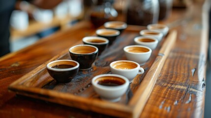 A coffee tasting session with small cups of espresso served on a wooden tray, allowing enthusiasts to sample different roasts and flavors.