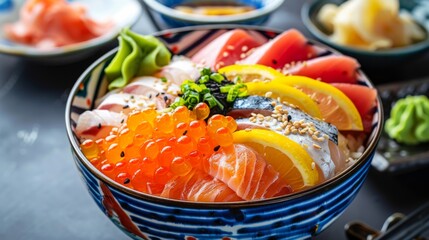A colorful bowl of chirashi sushi topped with fresh slices of fish, seafood, and tamago