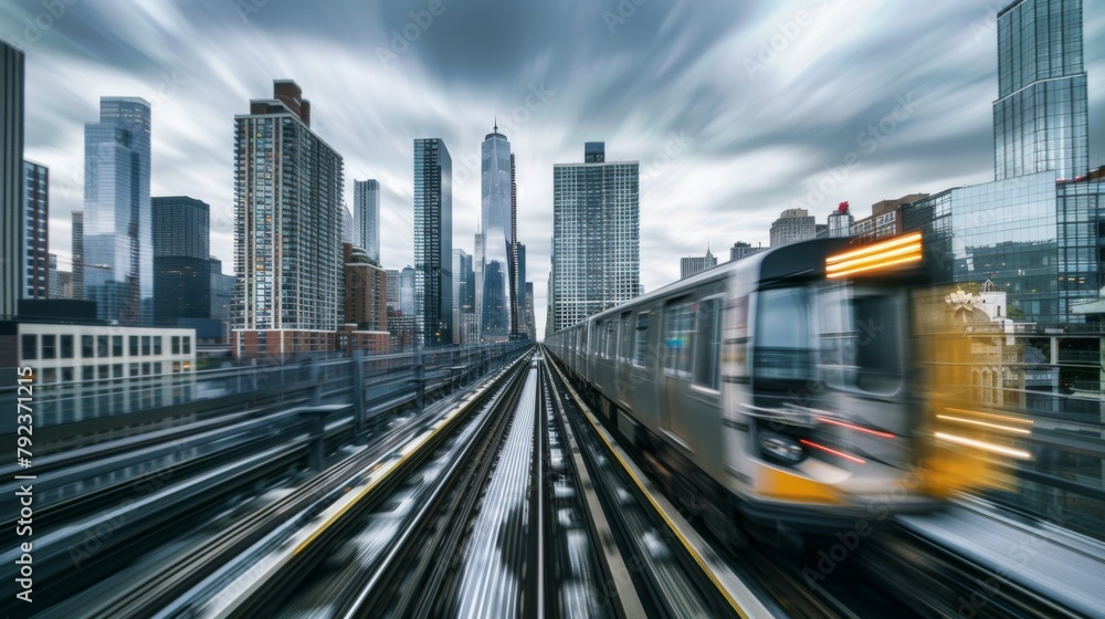 Poster a commuter train speeding through an urban landscape, with skyscrapers towering in the background ag