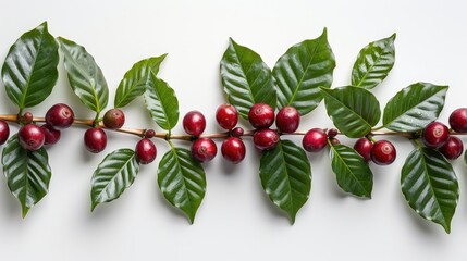 Top view of a coffee plant with green leaves and red berries on a white background. stock image - obrazy, fototapety, plakaty