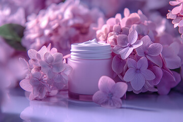mall can of white moisturizer on a pastel purple background. A minimalist background, a few Hydrangea , and an ethereal atmosphere