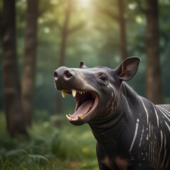 ILLUSTRATION Laughing cheery tapir with open muzzle in nature