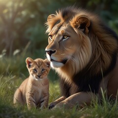 ILLUSTRATION Male, femala and young cub babe in the nature habitat. Lion kitten with big cat