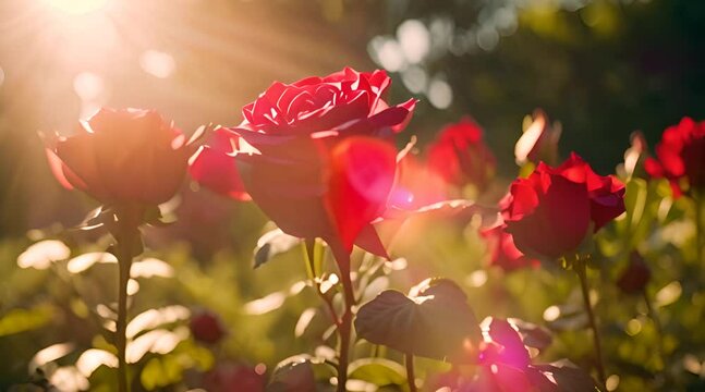 The sun shines on the beauty of the red roses blooming in the garden