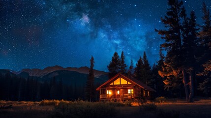 A cozy cabin nestled in the wilderness under a blanket of stars, a peaceful retreat