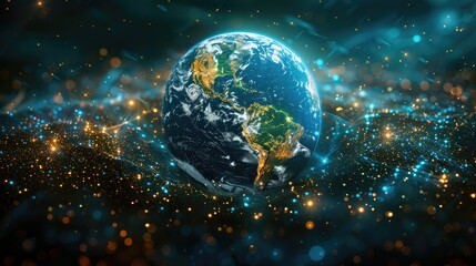 The image portrays the Earth at the center of a vast virtual cosmos, where digital stars and galaxies represent the boundless potential of global connectivity.illustration image