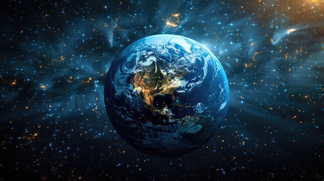 The image portrays the Earth at the center of a vast virtual cosmos, where digital stars and galaxies represent the boundless potential of global connectivity.,art image