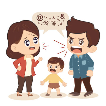A colorful illustration depicting a cartoon family in the midst of an argument - vector file