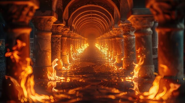 ancient classic architecture stone arches with flames,art photo