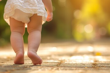 Infant walking barefoot for the first time
